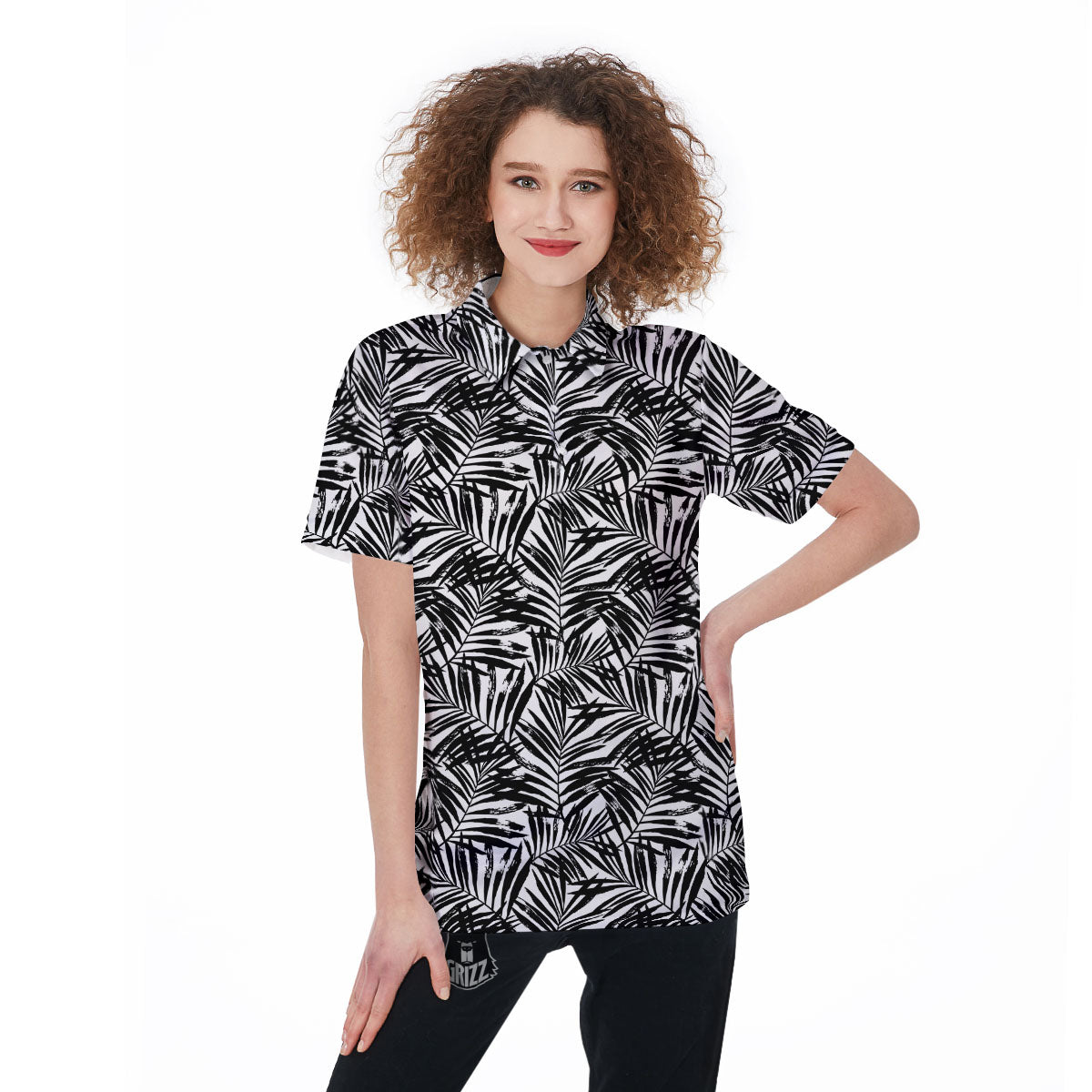 Tropical Palm Leaf White And Black Print Women's Golf Shirts-grizzshop