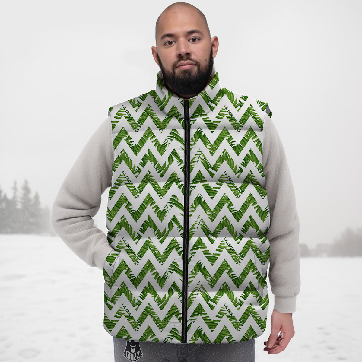 Tropical Palm Leaves Tropical Zigzag Print Pattern Down Vest