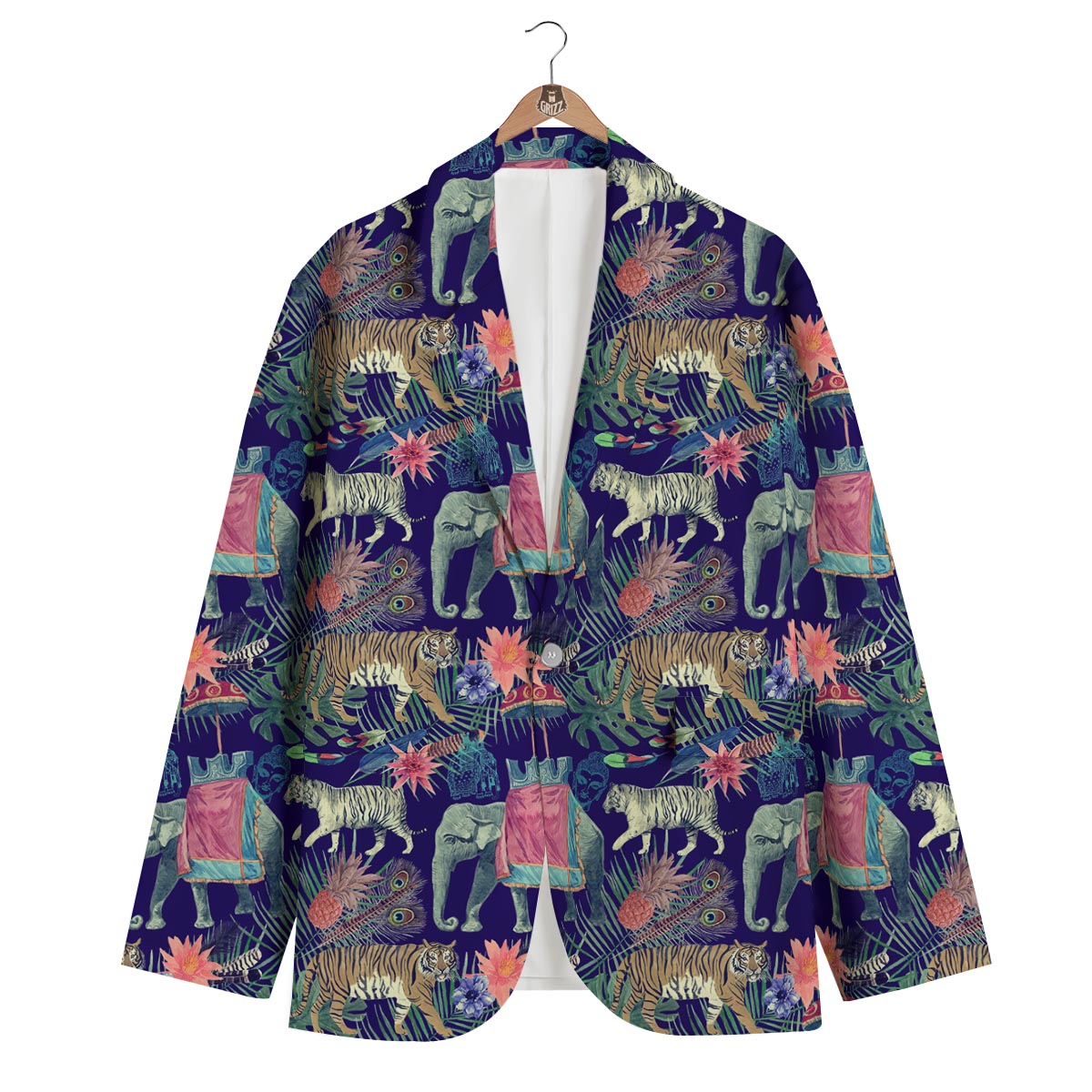 Tropical Palm Leave Peacock Tiger Elephant Men's Blazer-grizzshop