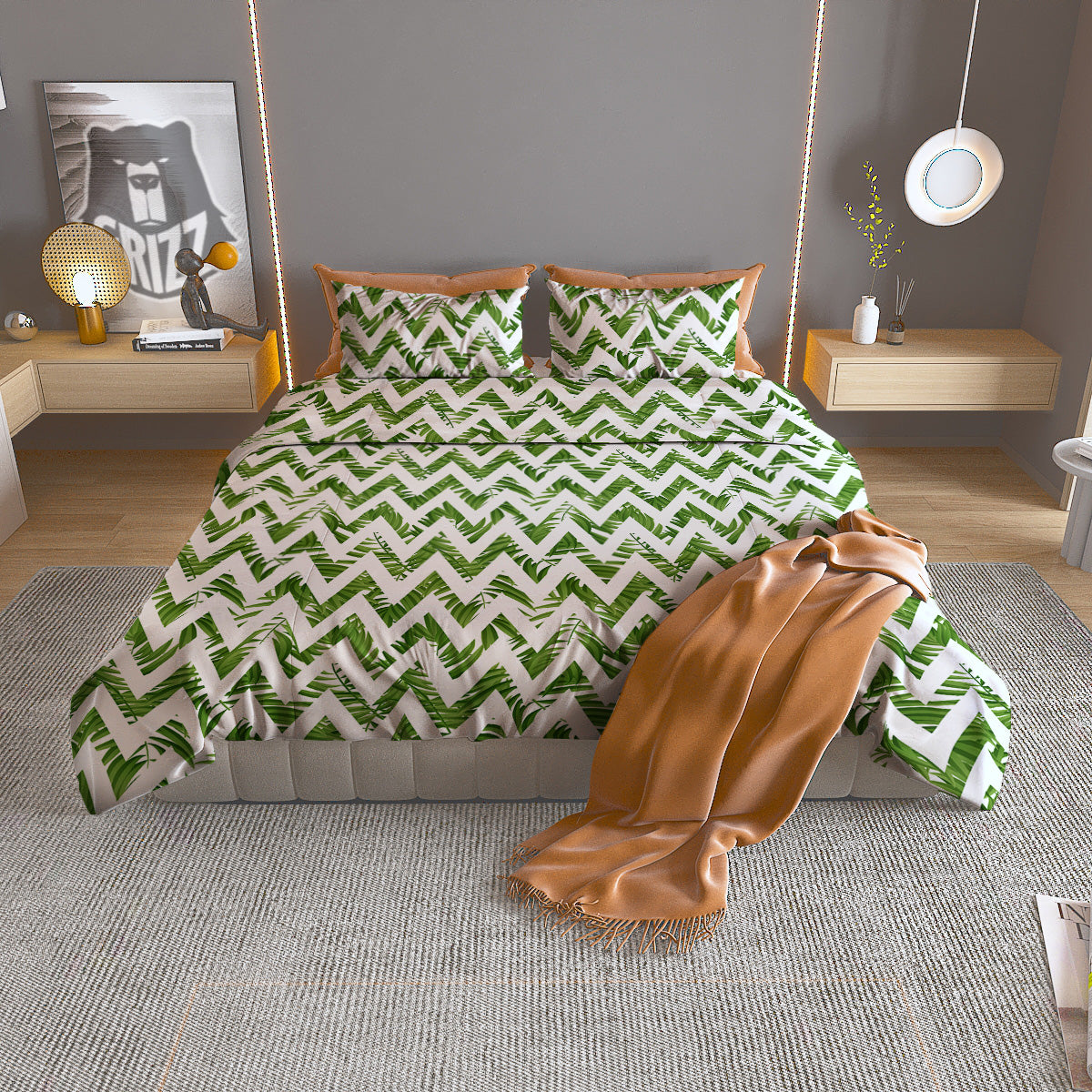 Tropical Palm Leaves Tropical Zigzag Print Pattern Duvet Cover Bedding Set-grizzshop