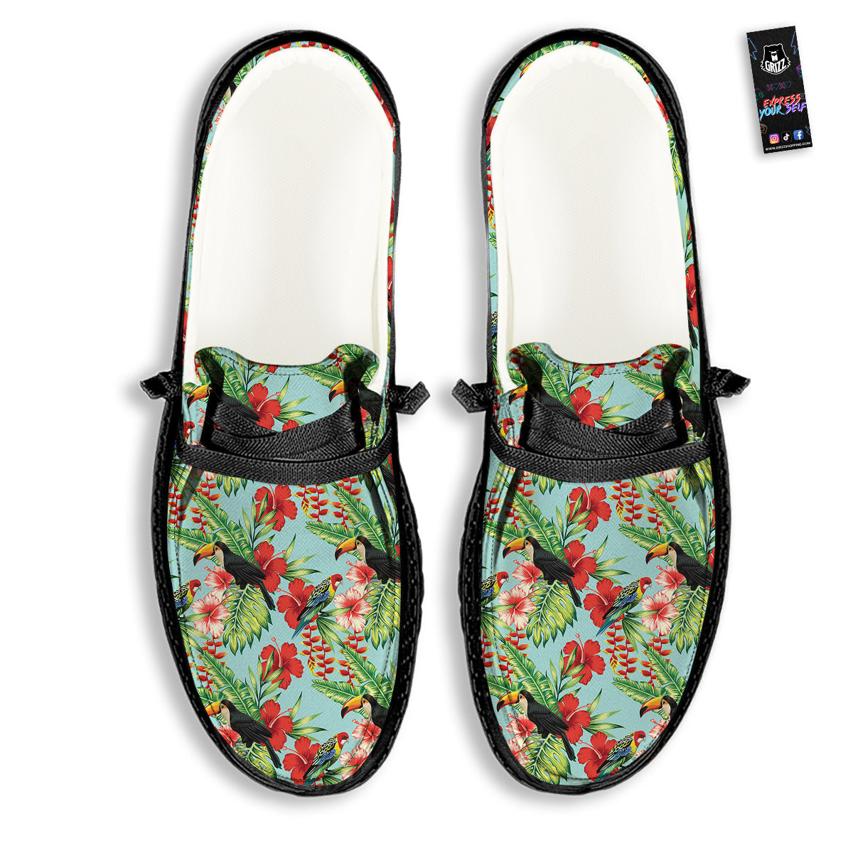 Tropical Parrot Toucan Print Pattern Black Loafers-grizzshop