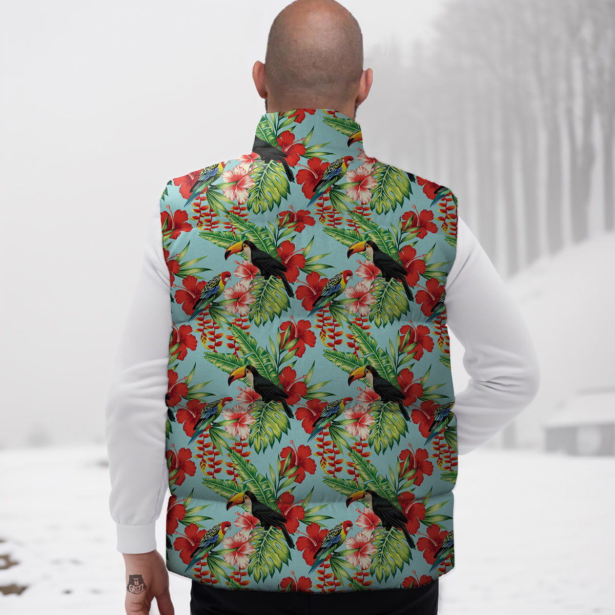Tropical Parrot Toucan Print Pattern Down Vest-grizzshop
