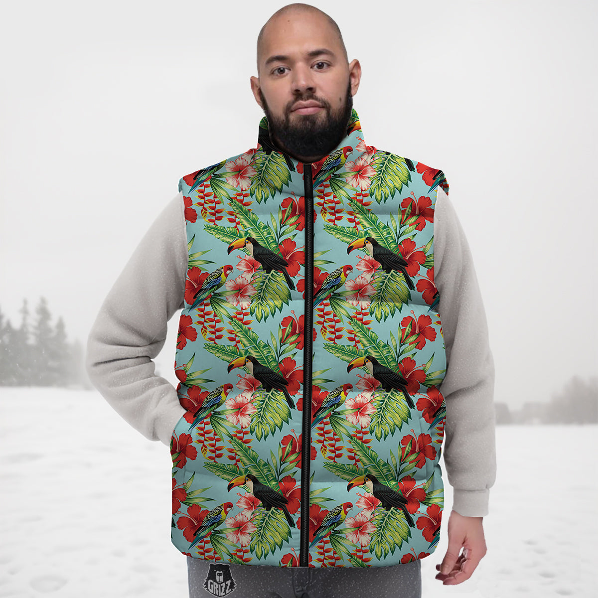 Tropical Parrot Toucan Print Pattern Down Vest-grizzshop