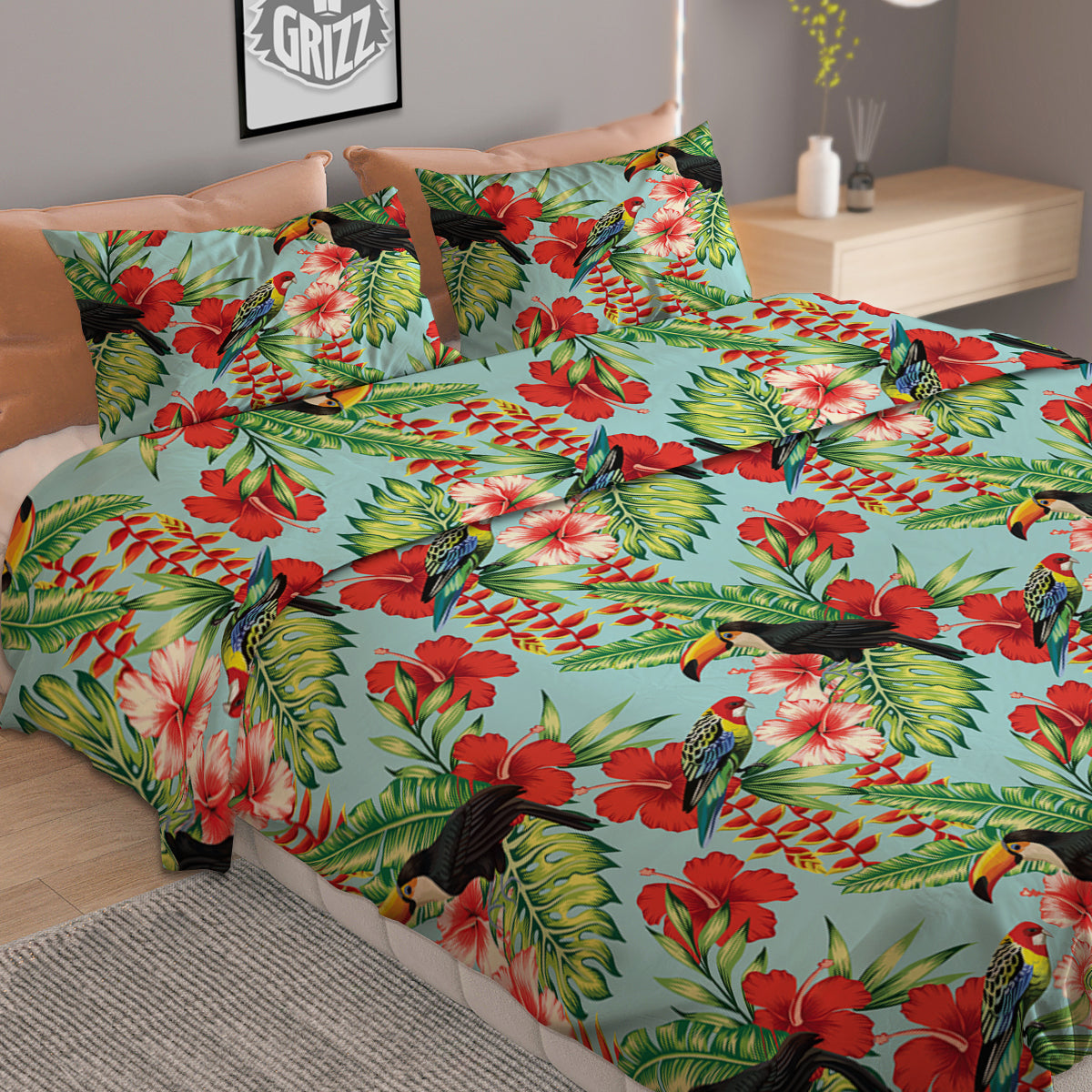 Tropical Parrot Toucan Print Pattern Duvet Cover Bedding Set