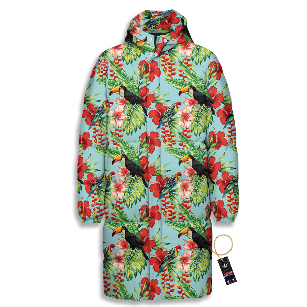 Tropical Parrot Toucan Print Pattern Long Down Jacket-grizzshop