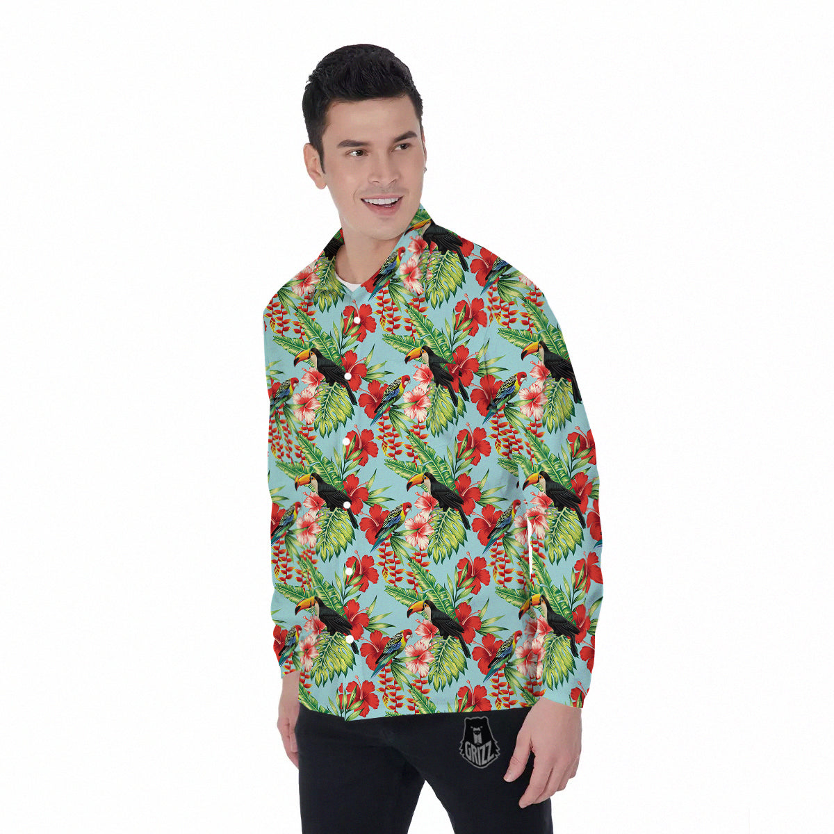 Tropical Parrot Toucan Print Pattern Men's Long Sleeve Shirts-grizzshop