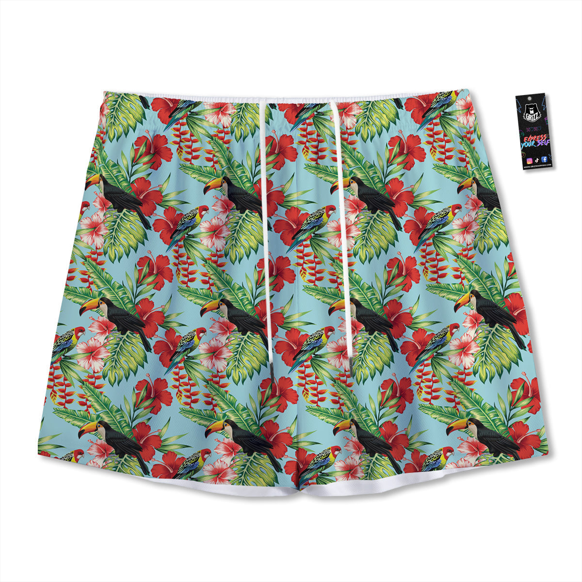Tropical Parrot Toucan Print Pattern Mesh Shorts-grizzshop