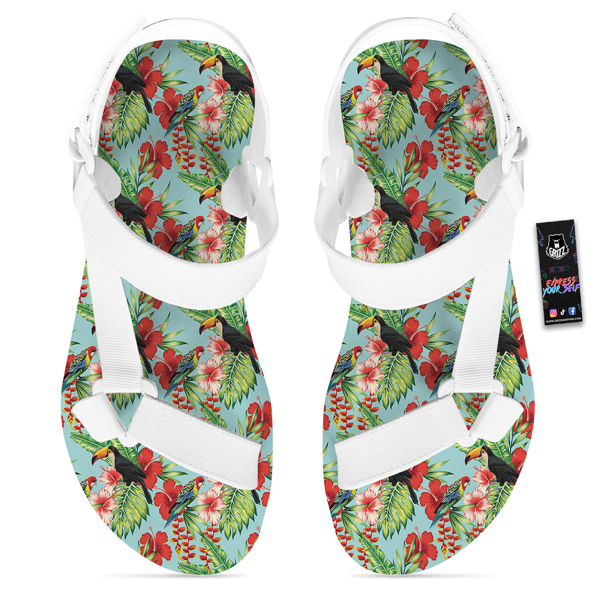 Tropical Parrot Toucan Print Pattern White Open Toe Sandals-grizzshop
