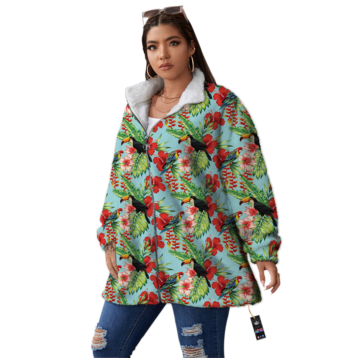 Tropical Parrot Toucan Print Pattern Women's Sherpa Jacket-grizzshop