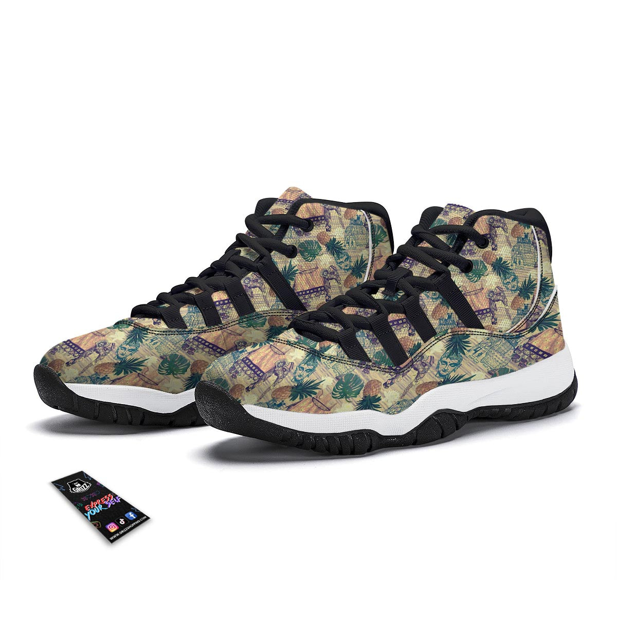Tropical Pineapple Buddha Elephant Print Black Bball Shoes-grizzshop