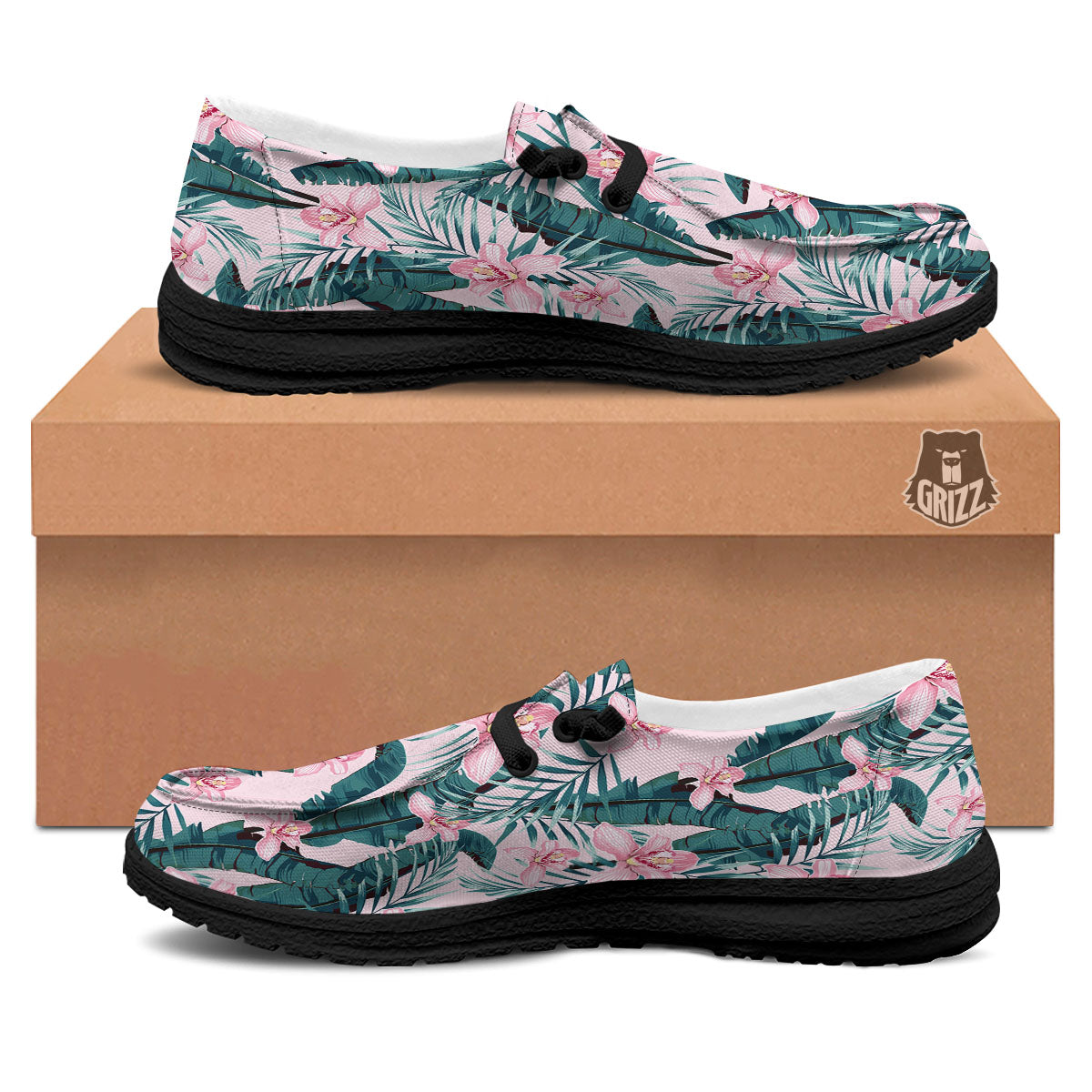 Tropical Pink Hawaiian Print Pattern Black Loafers-grizzshop
