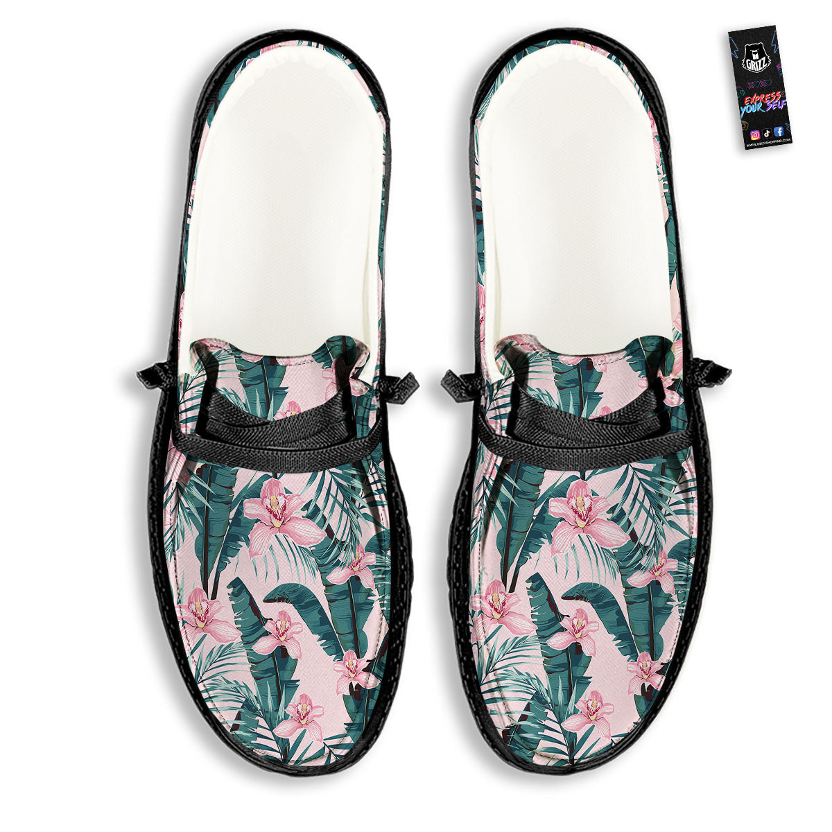 Tropical Pink Hawaiian Print Pattern Black Loafers-grizzshop