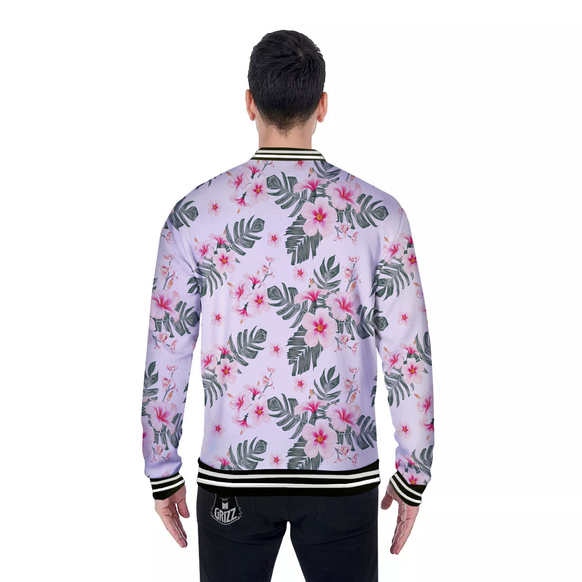 Tropical Pink Hibiscus Print Pattern Baseball Jacket-grizzshop