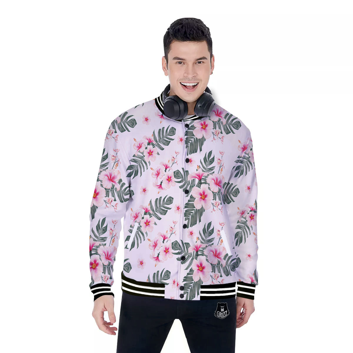 Tropical Pink Hibiscus Print Pattern Baseball Jacket-grizzshop