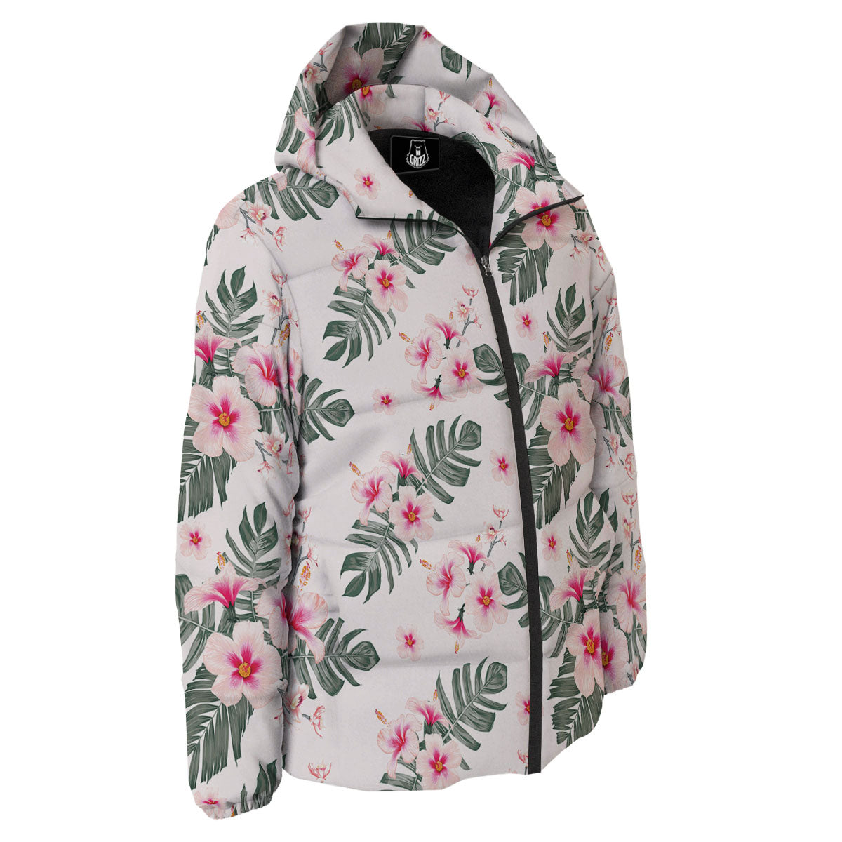 Tropical Pink Hibiscus Print Pattern Down Jacket-grizzshop