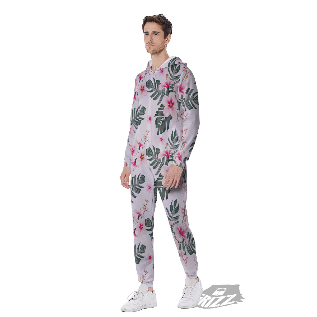 Tropical Pink Hibiscus Print Pattern Men's Jumpsuit-grizzshop