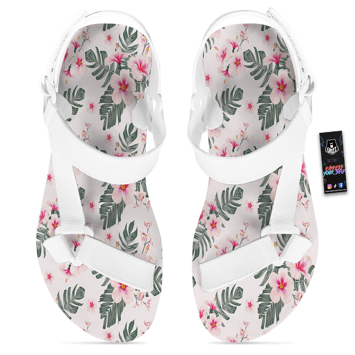 Tropical Pink Hibiscus Print Pattern White Open Toe Sandals-grizzshop