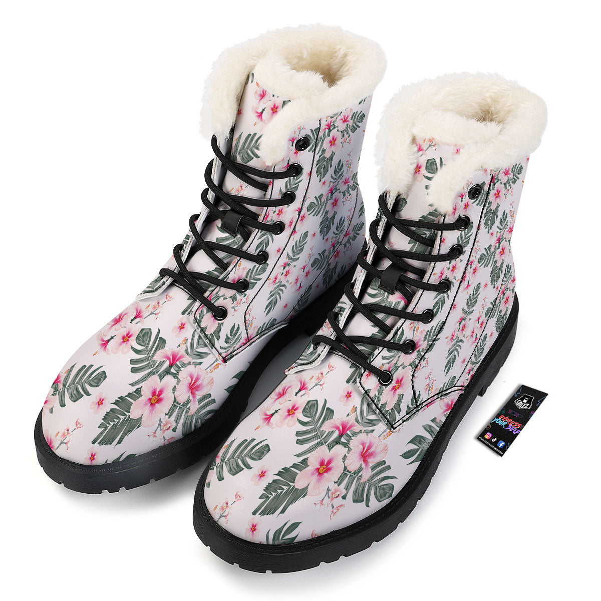 Tropical Pink Hibiscus Print Pattern Winter Boots-grizzshop
