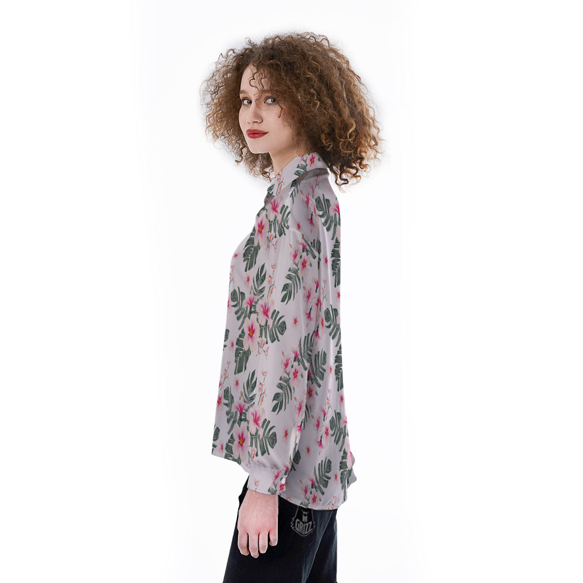 Tropical Pink Hibiscus Print Pattern Women's Long Sleeve Shirts-grizzshop