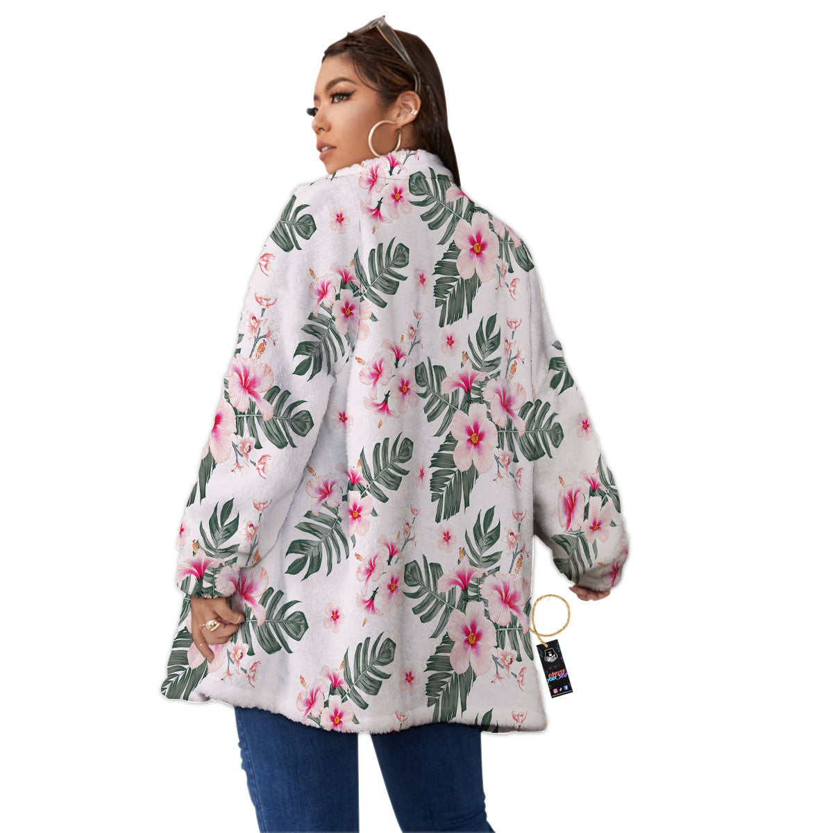 Tropical Pink Hibiscus Print Pattern Women's Sherpa Jacket-grizzshop
