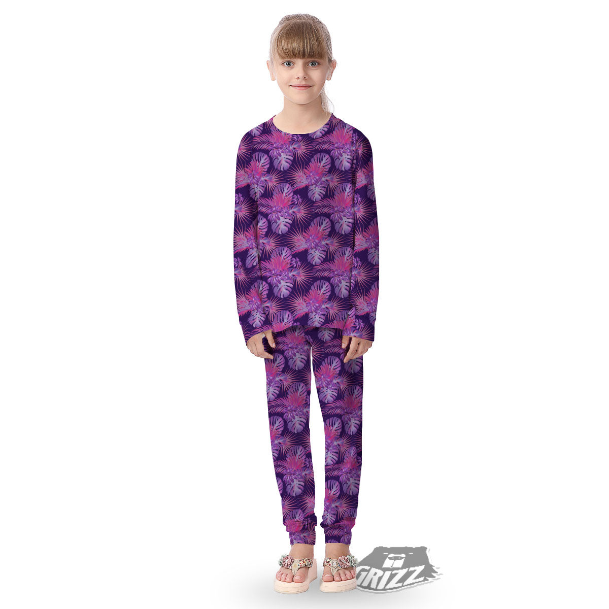 Tropical Purple Print Pattern Kid's Pajamas-grizzshop