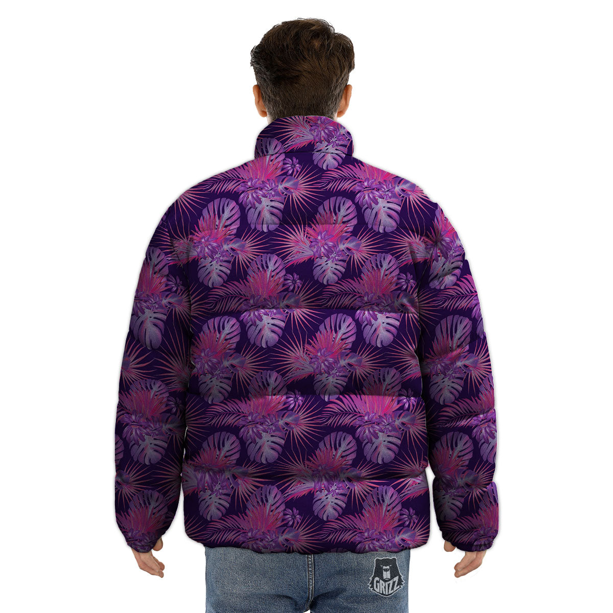 Tropical Purple Print Pattern Puffer Jacket-grizzshop