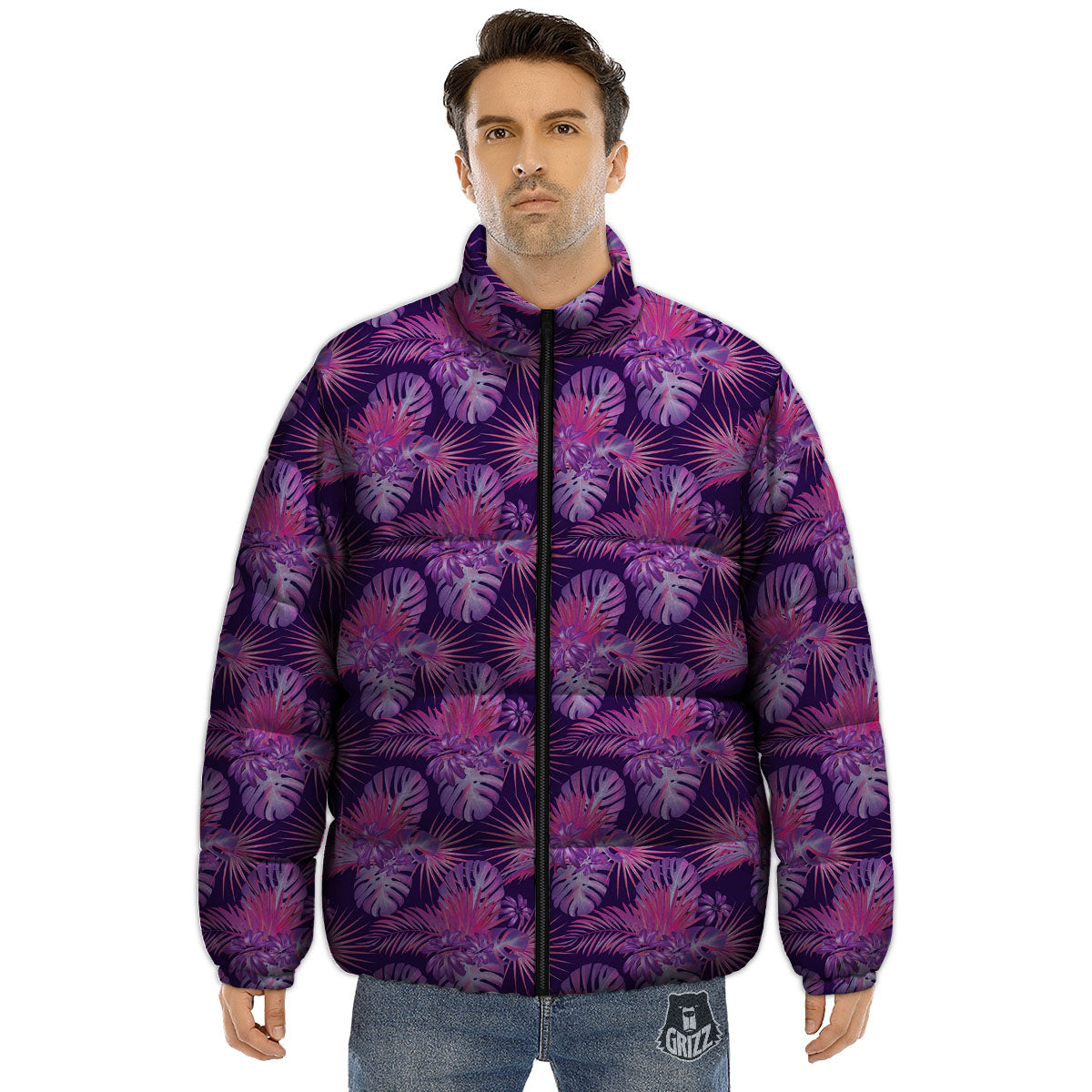 Tropical Purple Print Pattern Puffer Jacket-grizzshop