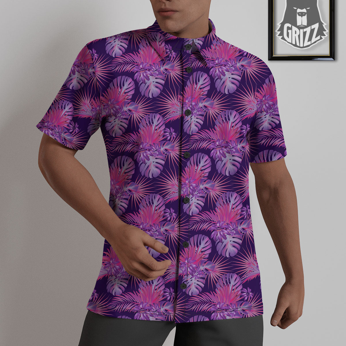 Tropical Purple Print Pattern Untucked Shirts-grizzshop