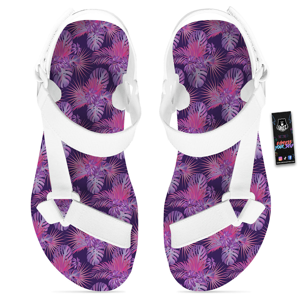 Tropical Purple Print Pattern White Open Toe Sandals-grizzshop