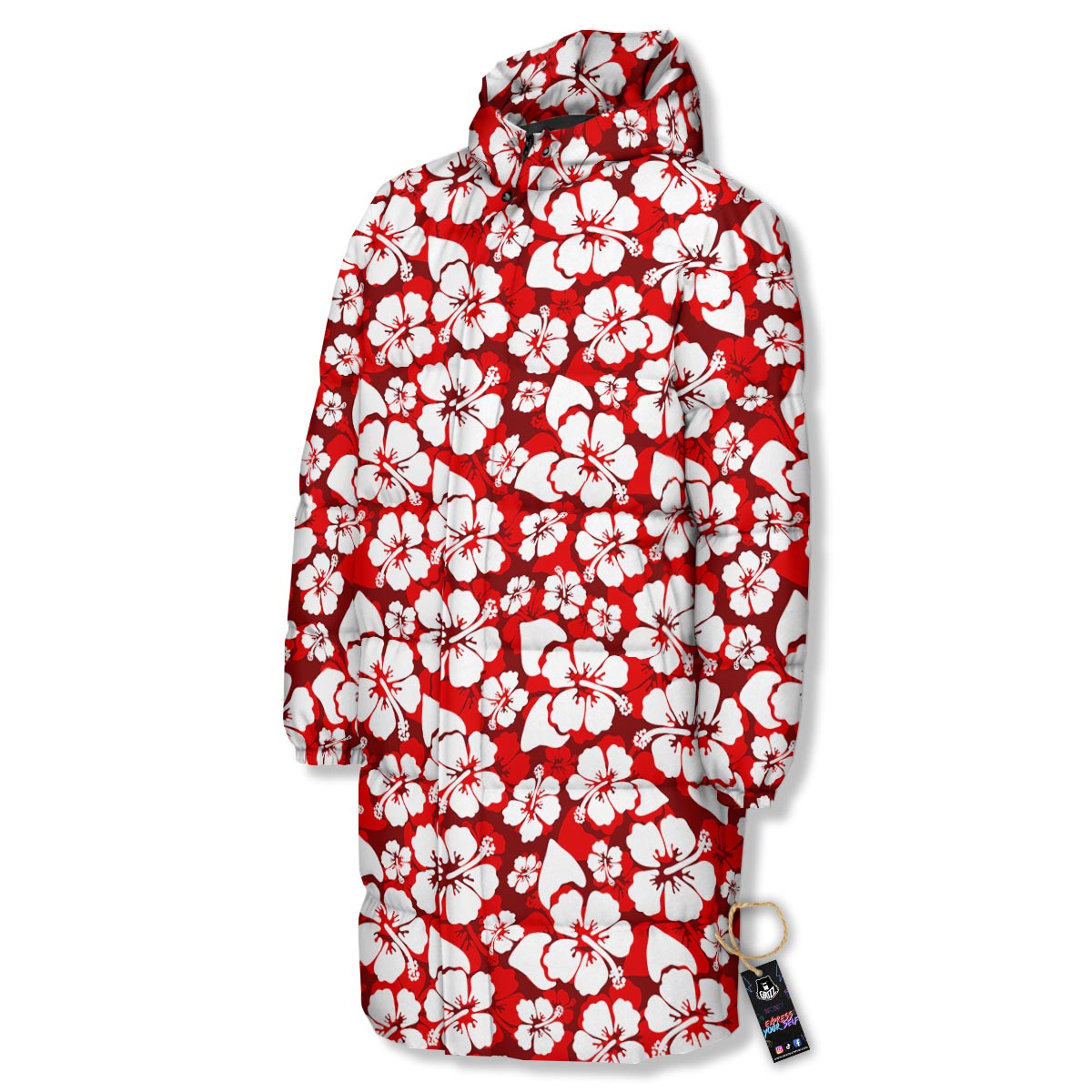 Tropical Red Hawaiian Print Pattern Long Down Jacket-grizzshop