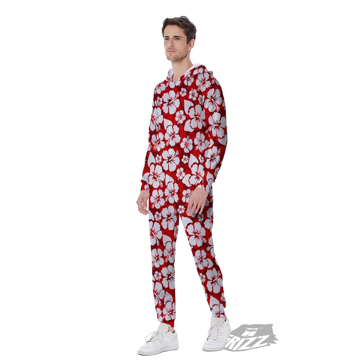 Tropical Red Hawaiian Print Pattern Men's Jumpsuit-grizzshop
