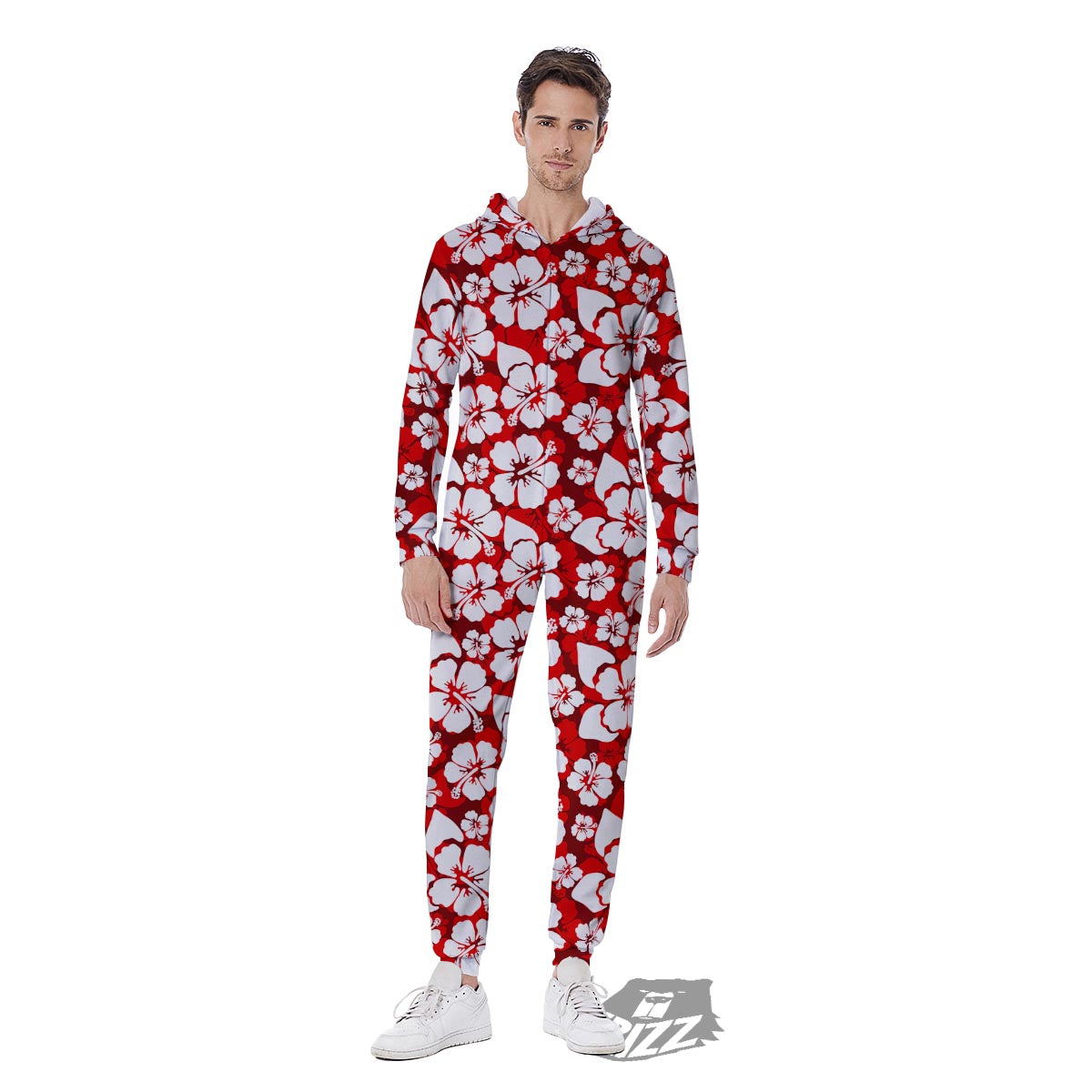 Tropical Red Hawaiian Print Pattern Men's Jumpsuit-grizzshop