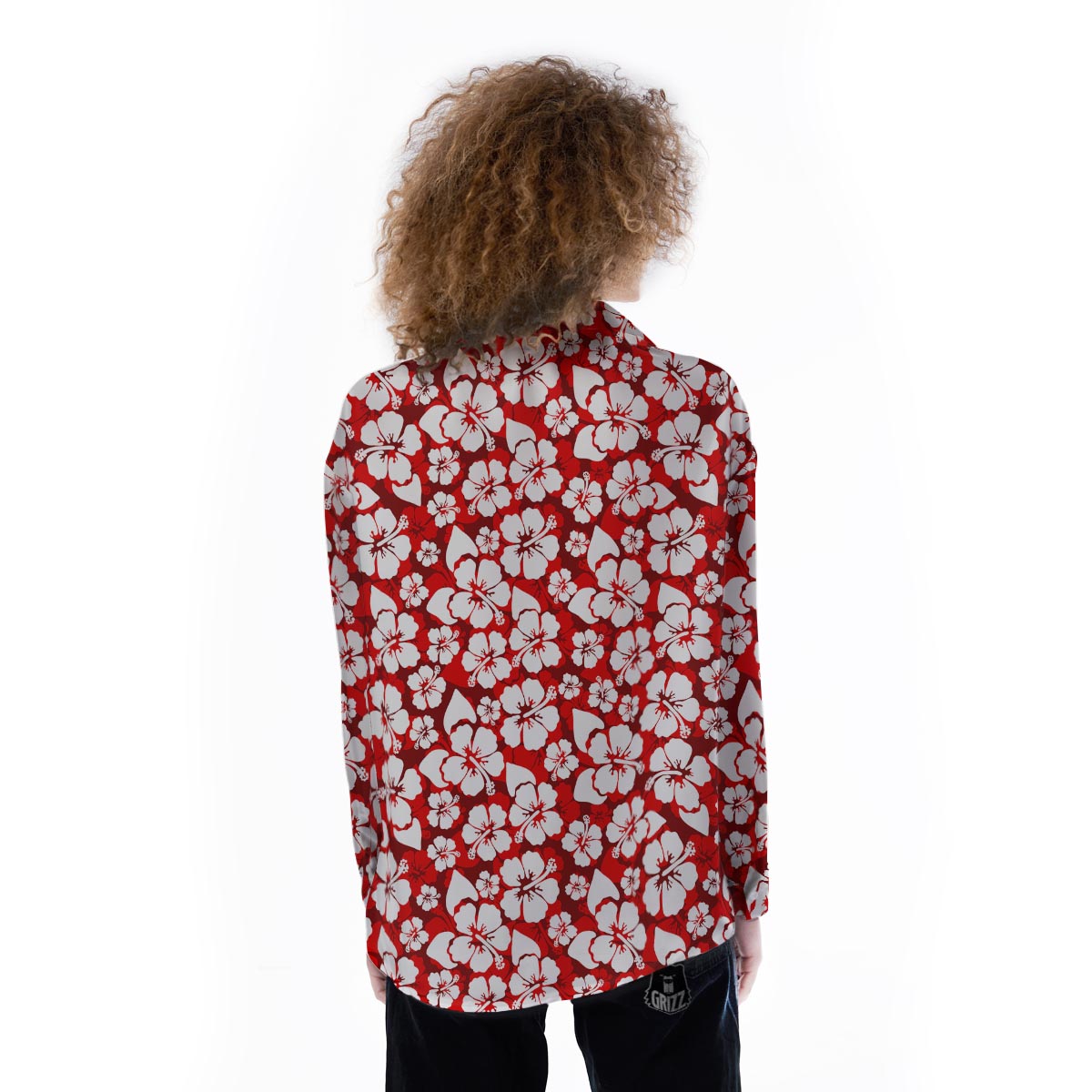 Tropical Red Hawaiian Print Pattern Women's Long Sleeve Shirts-grizzshop