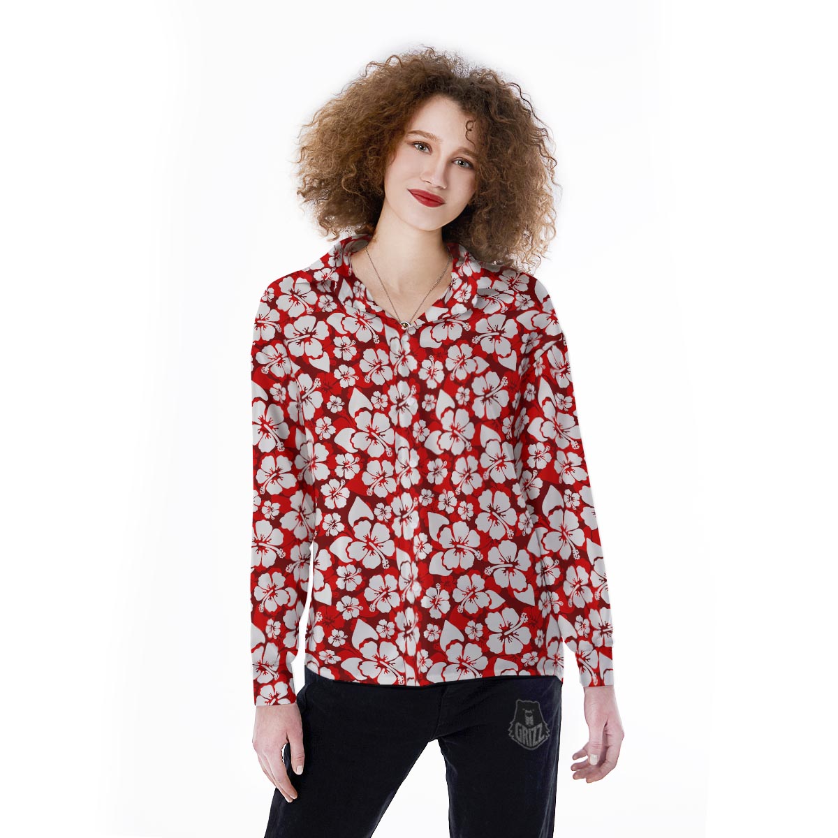 Tropical Red Hawaiian Print Pattern Women's Long Sleeve Shirts-grizzshop