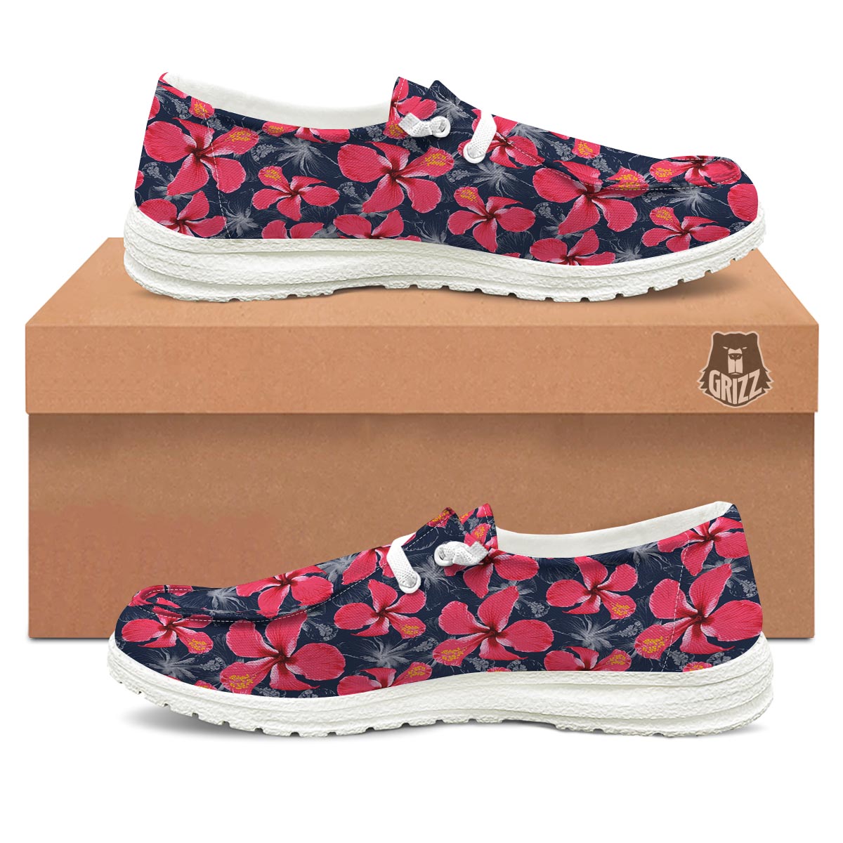 Tropical Red Hibiscus Print Pattern Black Loafers-grizzshop