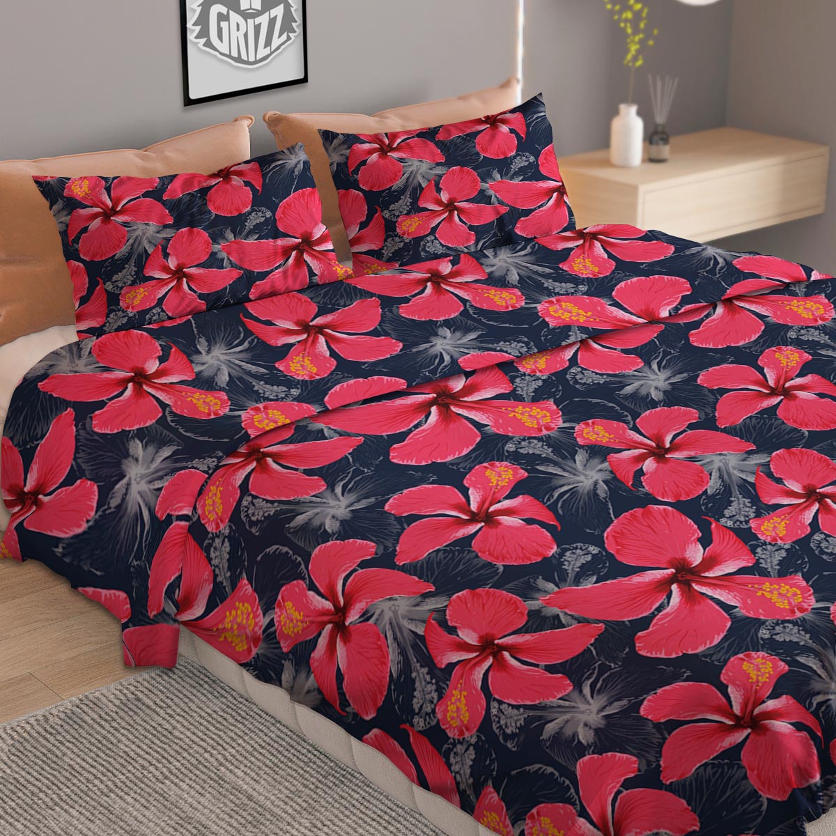 Tropical Red Hibiscus Print Pattern Duvet Cover Bedding Set