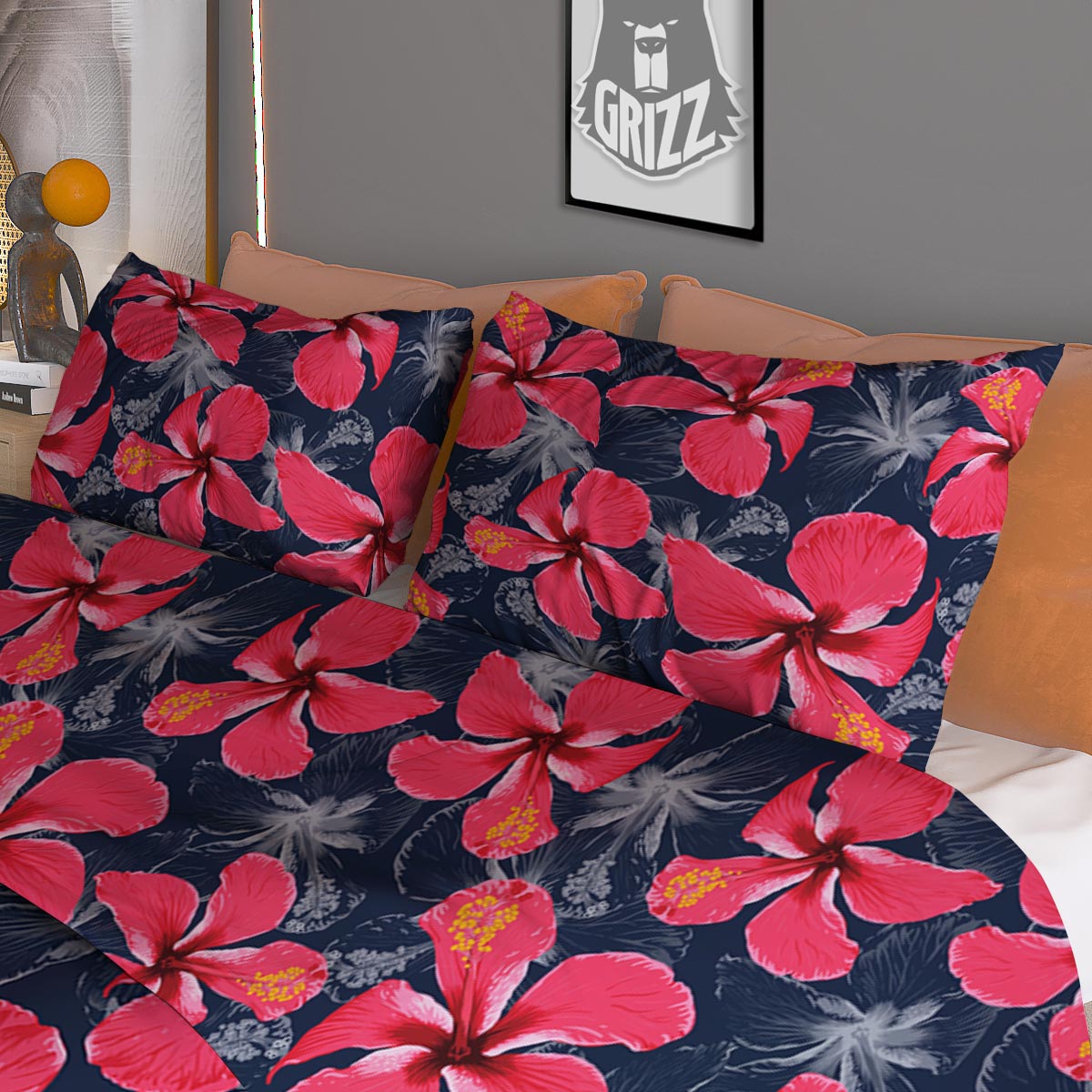 Tropical Red Hibiscus Print Pattern Duvet Cover Bedding Set-grizzshop
