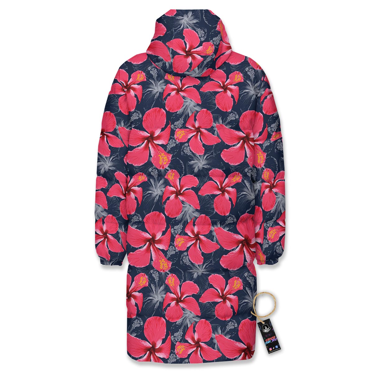 Tropical Red Hibiscus Print Pattern Long Down Jacket-grizzshop