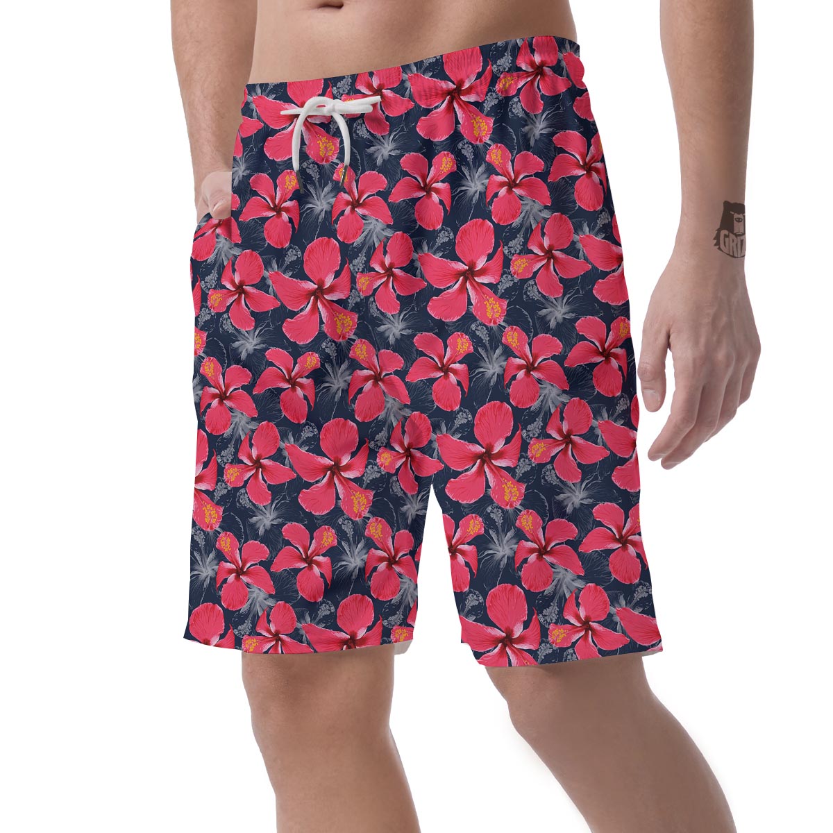 Tropical Red Hibiscus Print Pattern Men's Shorts-grizzshop