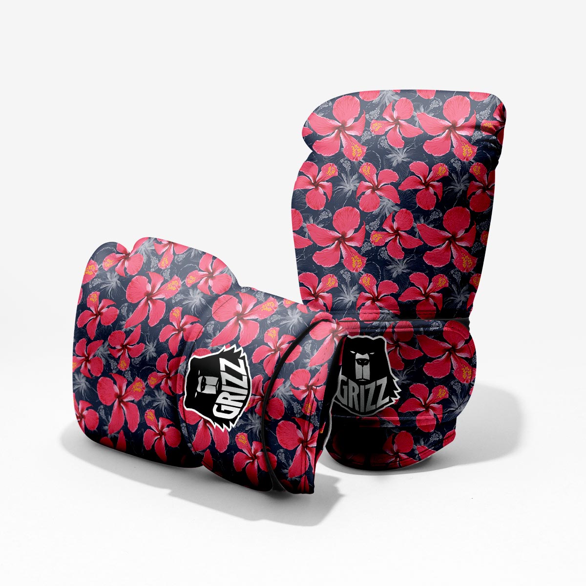 Plumeria Red Hibiscus Print Pattern Boxing Gloves