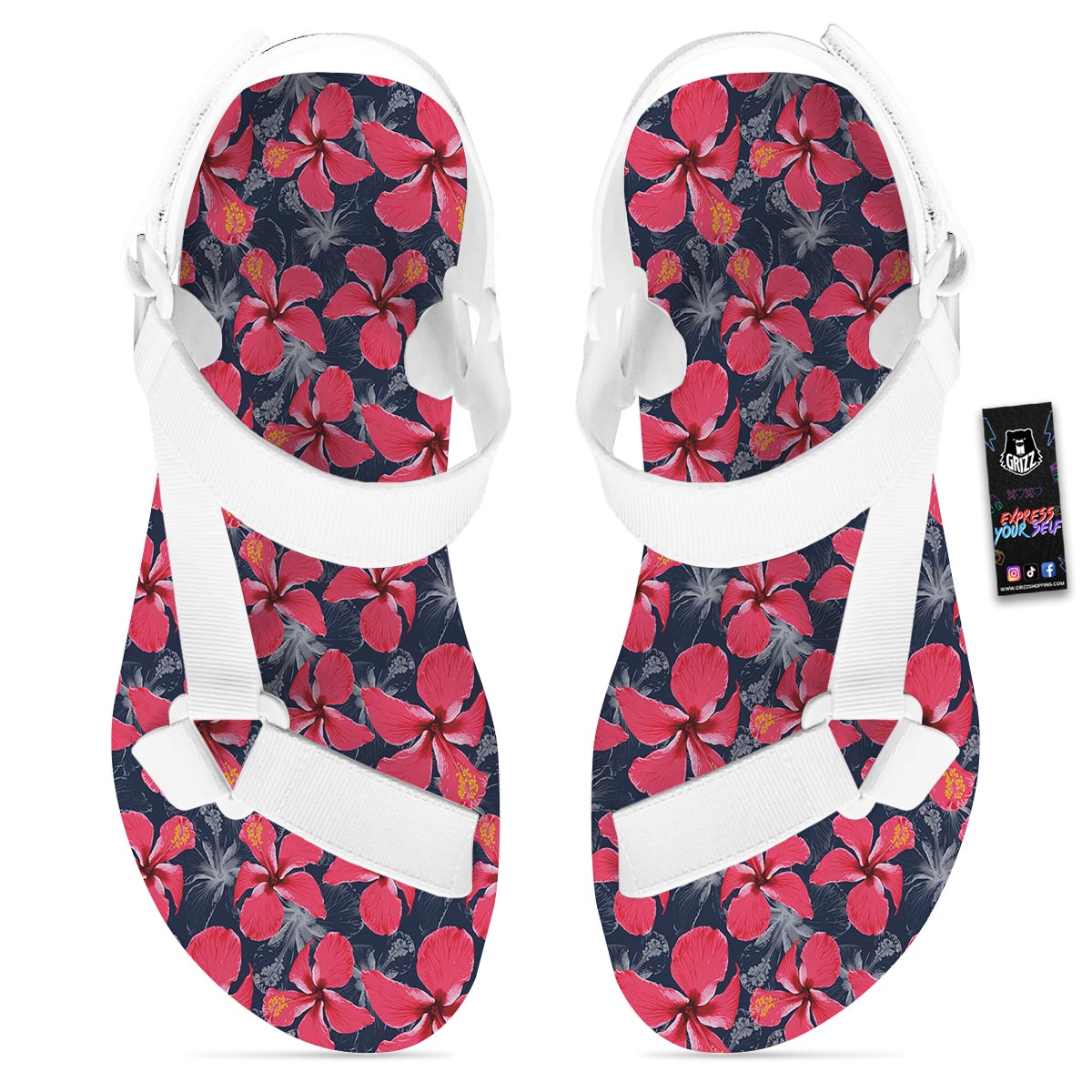 Tropical Red Hibiscus Print Pattern White Open Toe Sandals-grizzshop