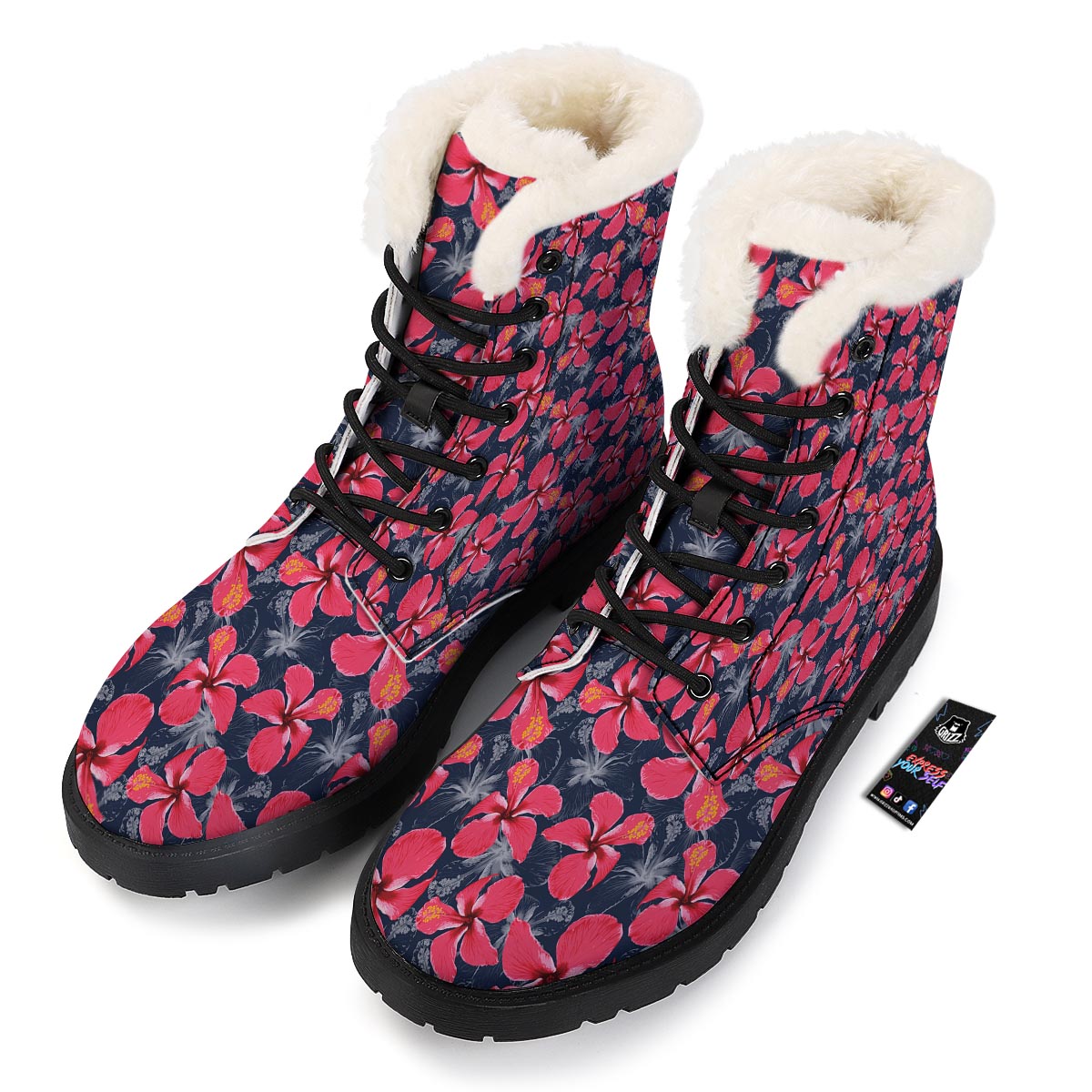 Tropical Red Hibiscus Print Pattern Winter Boots-grizzshop