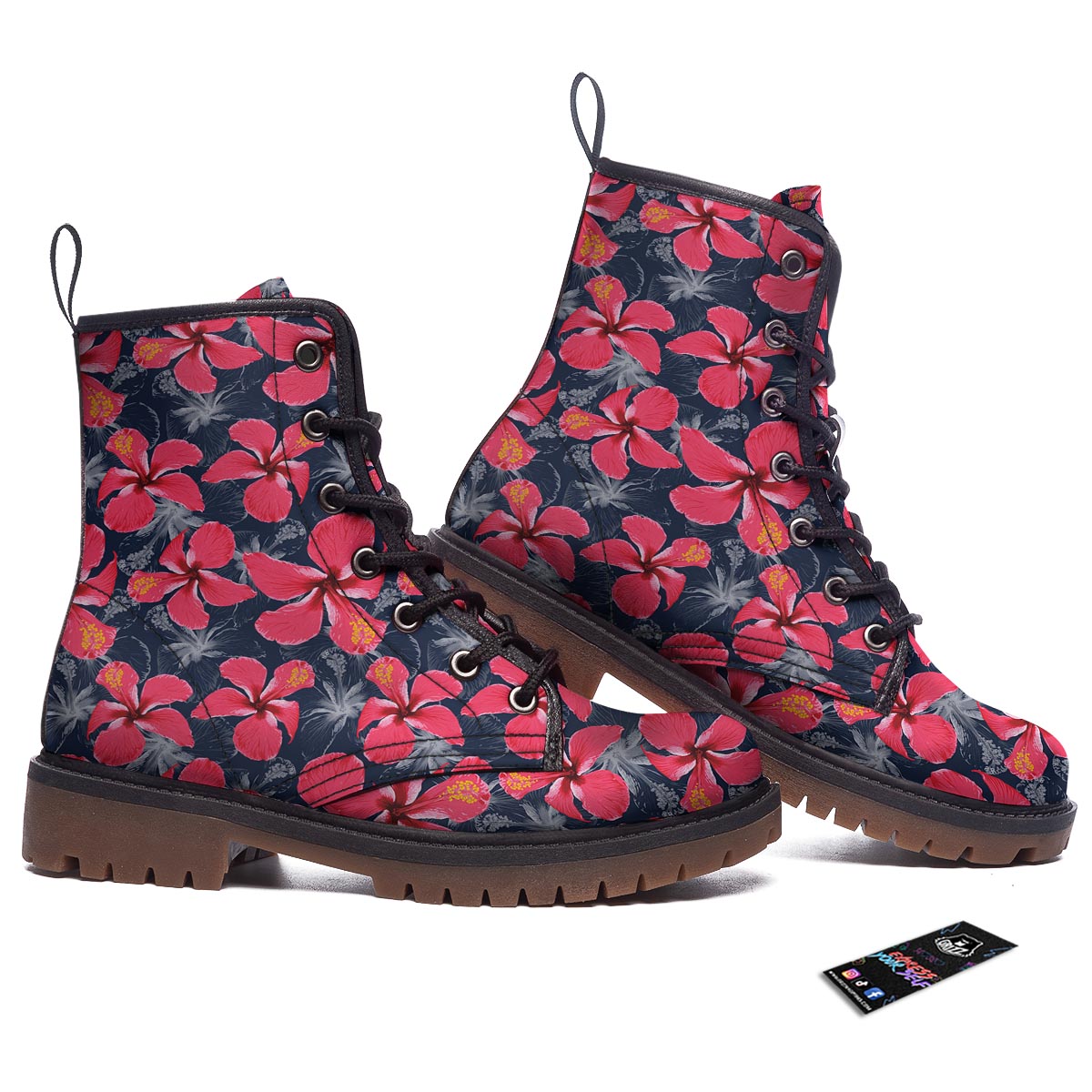 Tropical Red Hibiscus Print Pattern Work Boots-grizzshop