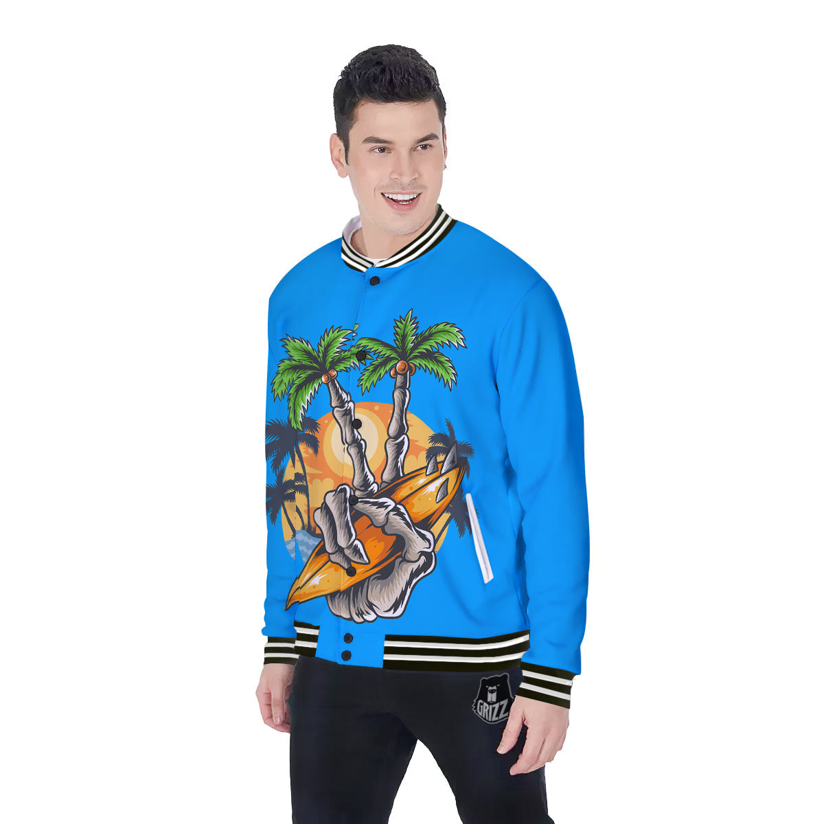 Tropical Skull Hand Print Baseball Jacket-grizzshop