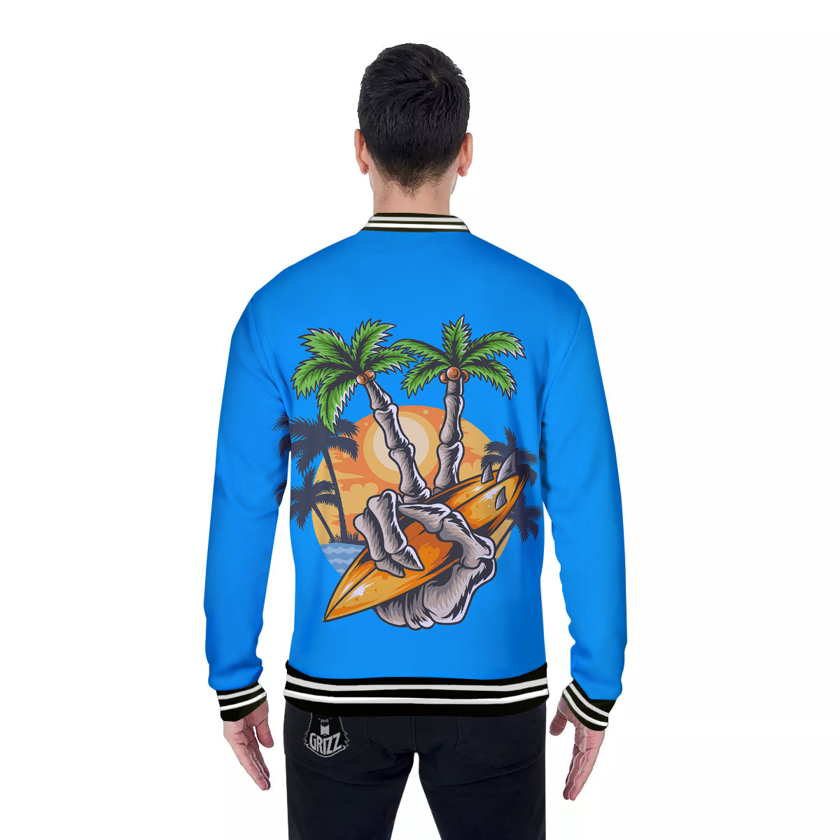 Tropical Skull Hand Print Baseball Jacket-grizzshop