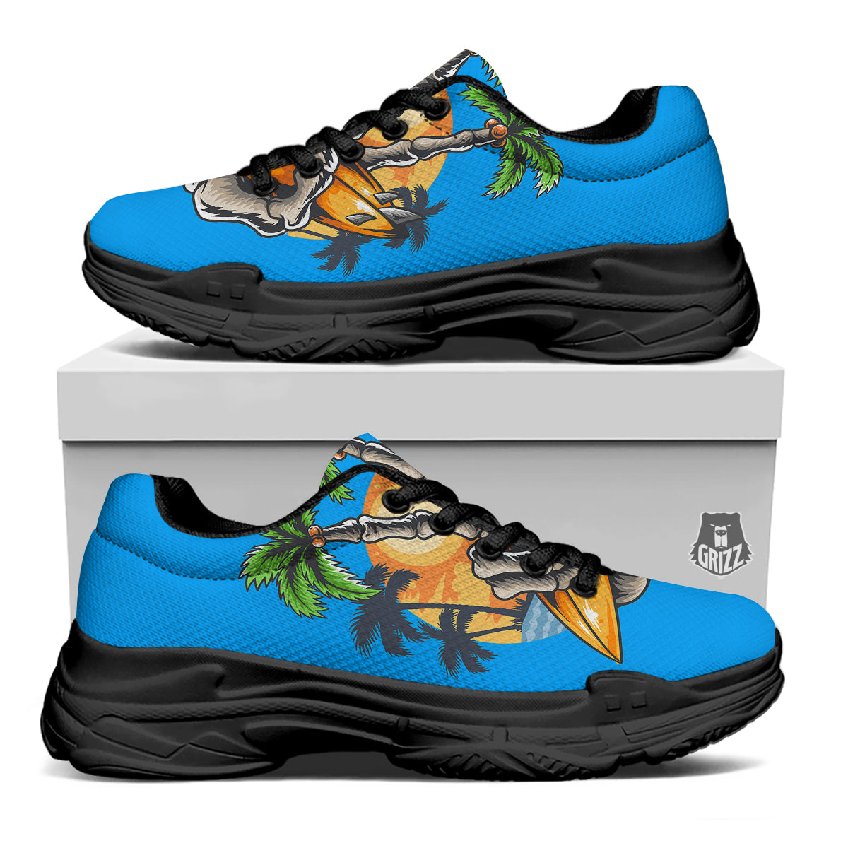 Tropical Skull Hand Print Black Chunky Shoes-grizzshop