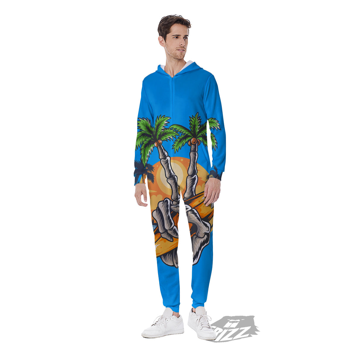 Tropical Skull Hand Print Men's Jumpsuit-grizzshop
