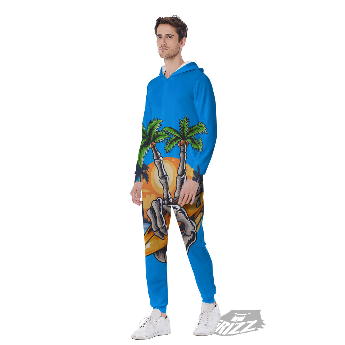 Tropical Skull Hand Print Men's Jumpsuit-grizzshop