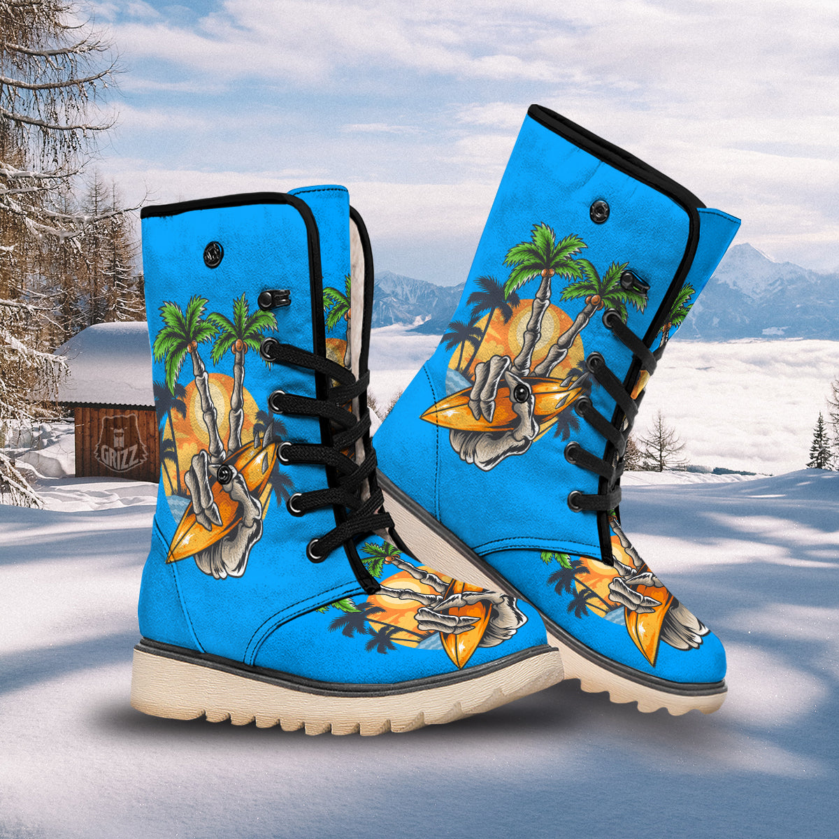 Tropical Skull Hand Print Snow Boots-grizzshop