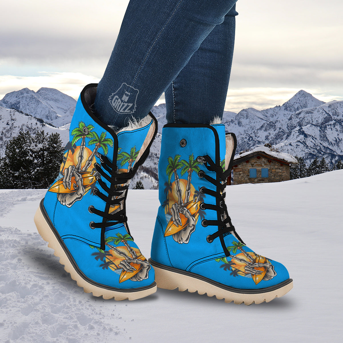 Tropical Skull Hand Print Snow Boots-grizzshop